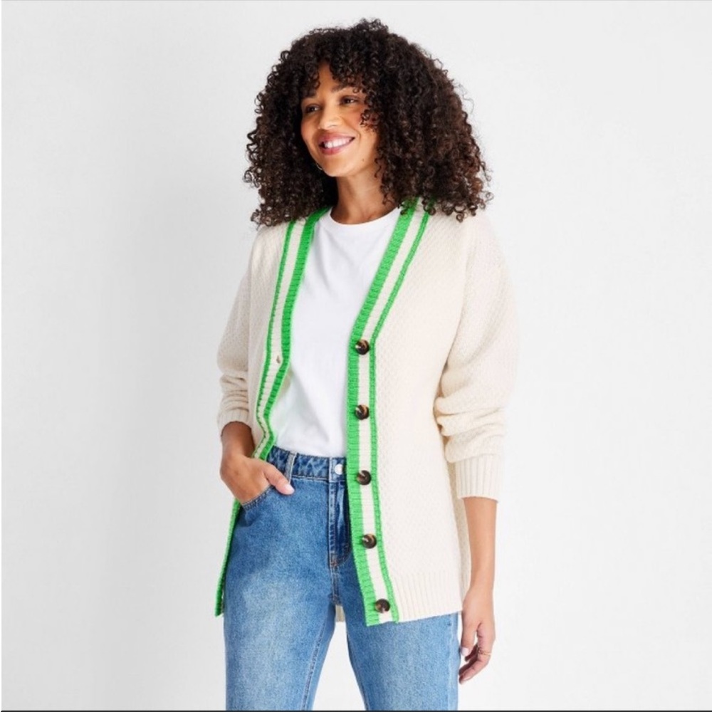 NWT Future Collective Kahlana Barfield Cream/Green Varsity Cardigan